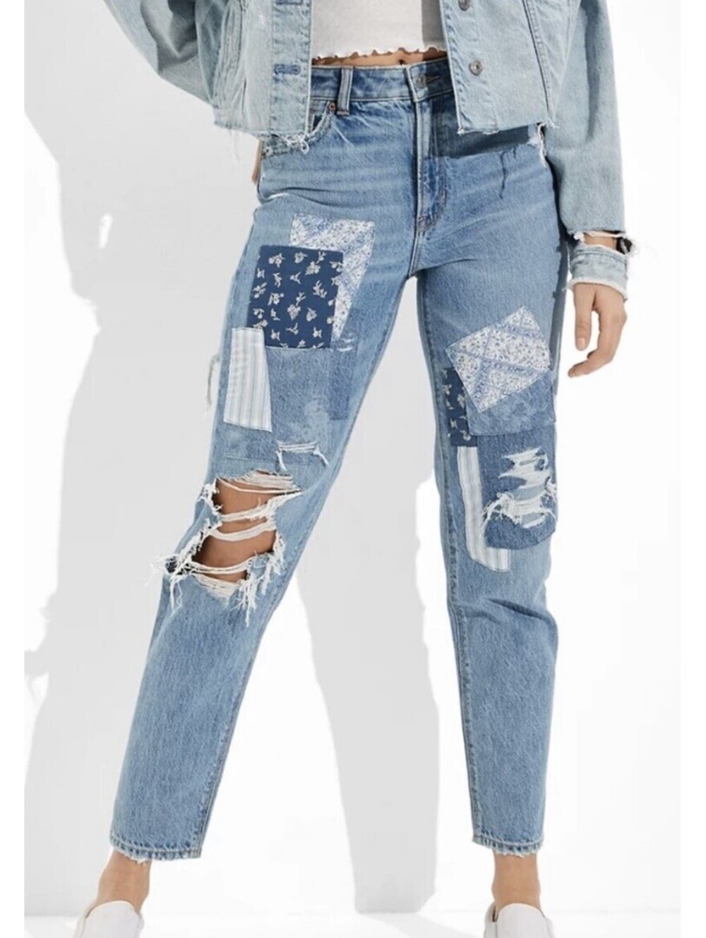 American Eagle Mom Straight Jean - Patched Distressed Denim - Size 6